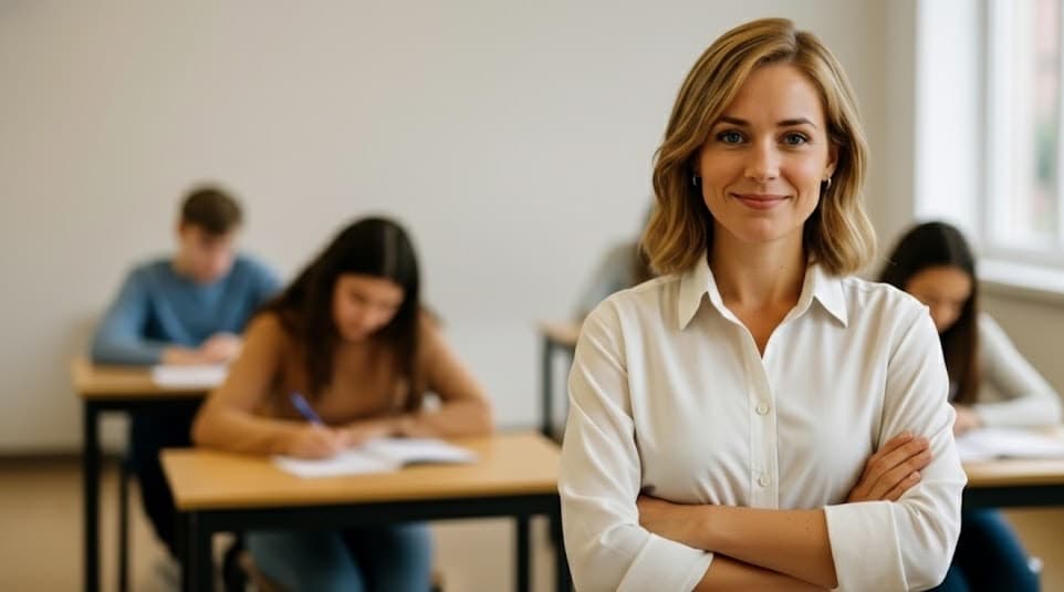 A teacher engaging with students in a bright, modern classroom
